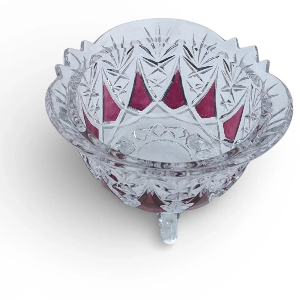 Vintage Cranberry Stained Clear Glass Three Footed Bowl Scalloped‎ Starburst Rim